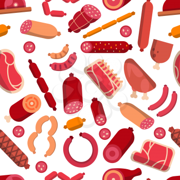 Seamless pattern with pictures of meat products. Pictures for butcher shop. Vector sausage and wurst, food pork natural illustration