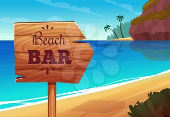 Summer background with wooden signboard on the beach. Vector bar signboard on sea coast illustration