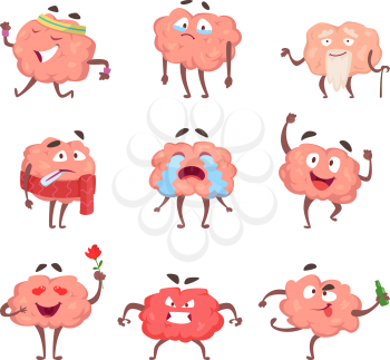 Funny cartoon characters. Brain in action poses angry and drunk, love and sick, vector illustration