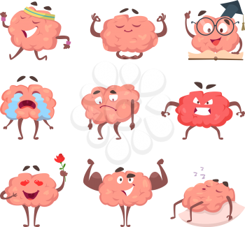 Brain cartoon mascot in various poses. Set of character mind, human head genius, vector illustration
