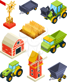 Architectural objects of farm or village. Isometric agricultural machines. Farmland and barn building, combine and windmill. Vector illustration