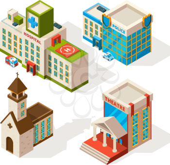 Isometric pictures of municipal buildings. Vector 3d architecture isolate on white. Illustration of police and hospital, church and theatre