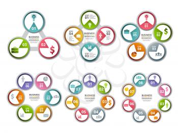 Infographic radial shapes. Circled charts and processes visualization. Vector chart circular, progress graph step, business connected diagram illustration