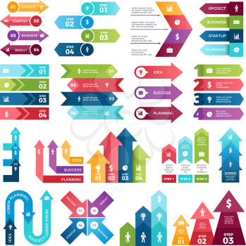 Colored arrows for design projects of infographics. Visualizations of steps. Pictures for business presentations. Infographic arrow ribbon, organization flowchart and infograph