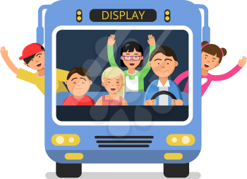 Front view of school bus with set of happy childrens and driver. Transportation student, happy trip teenager in schoolbus, vector illustration