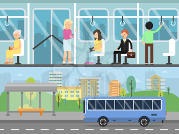 Horizontal banners with illustrations of urban landscape with transport stations. Bus interior with passengers. Vector public commuter, female and male transportation illustration