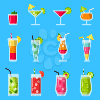 Various fresh juice and cocktails. Vector set in flat style. Illustration of cocktail glass, fresh drink beverage