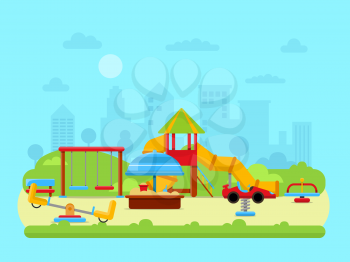 Vector illustration of urban landscape with park and childrens playground. Outdoor urban area with grass and swing
