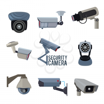 Various vector pictures of security cameras. Surveillance security camera, safety watching video guard illustration