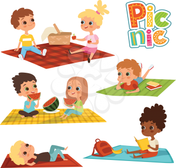 Funny kids in park. Picnic concept vector pictures. Summer rest, girl and boy outdoor. Vector illustration