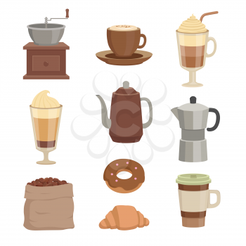 Vector illustrations for cafe. Various cups and vessels for coffee time. Coffee drink, cup espresso, cappuccino mug