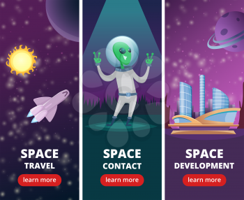 Vector vertical banners with pictures of space backgrounds with aliens and spaceships. Space development and travel galaxy illustration