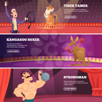 Banners of circus show. Vector illustrations of various circus artists. Performance kangaroo boxer, strongman and tiger tamer