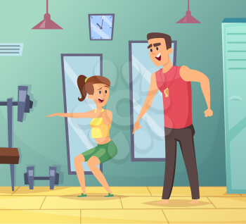 Gym background. Cartoon sport characters male and female. Personal trainer. Vector training coach, sport fitness girl illustration