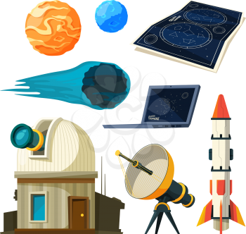 Science astronomy pictures set. Various vector symbols of astronomy. Asteroid and cosmic map sky illustration