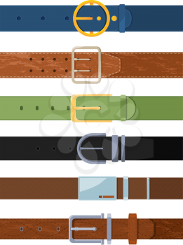 Clothing belt. Vector set of various colored belts. Accessory leather strap with metal buckle illustration