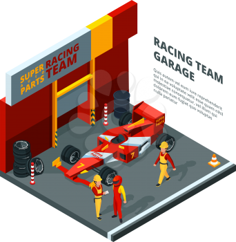 Race car at station. Isometric composition isolate on white. Sport car automobile, team machine racing bolide, vector illustration