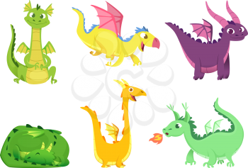 Fantasy dragons. Cute reptiles amphibians and fairytale dragons with big wings sharp tooth wild creatures vector cartoon. Illustration of monster and dinosaur character, animal legend and story