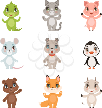 Animal kids collection. Wild crocodile bear penguin fox domestic little cute funny baby animals dog cat goat pig characters isolated. Animal zoo set, dog and alligator, pig and kitten illustration