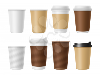 Disposable coffee cup. Blank vector template of hot coffee white paper mug. Realistic illustrations of coffee cup 3D mockup. Vector cup disposable, white and brown for tea and cappuccino