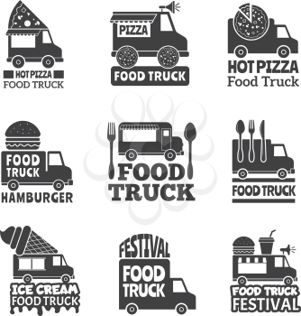Food truck car. Street catering fast delivery mobile van monochrome badges or vector logo. Food van catering, lunch car illustration