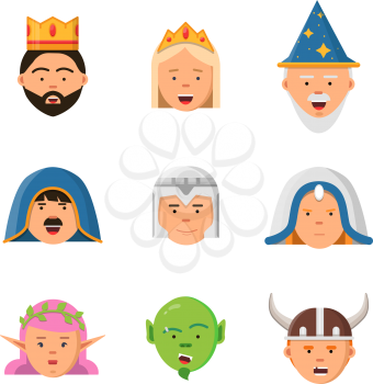 Fairytale avatars collection. Fantasy game characters warrior queen barbarian goblin princess vector mascot in flat style. Warrior characterer and princess royal illustration