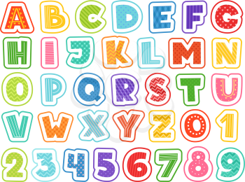 Cartoon alphabet. Cute colored letters numbers signs and symbols for school kids and childrens vector funny font. Alphabet and colored abc, font letter and number illustration