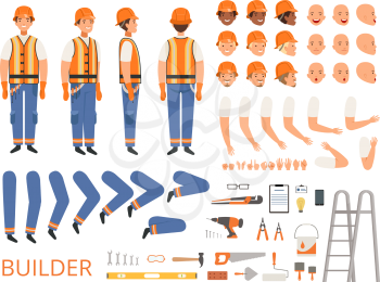 Engineer character animation. Body parts and specific tools of builder constructor with head body arms hands vector. Builder animation construction, creation kit, worker engineer illustration