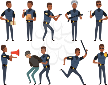 Police characters. Patrol policeman security authority mascots in action poses vector cartoon illustration. Cop police, male patrol uniform