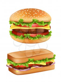 Hamburger and sandwich. Fast food realistic bread with ingredients salad tomato meal potato vector picture isolated. Illustration of bread and food, burger with meat and tomato