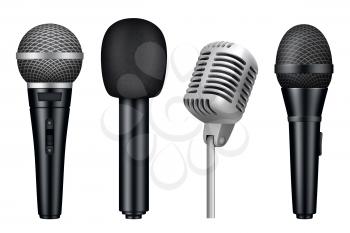 Microphones 3d. Music studio misc mic equipment vector realistic pictures of vintage style microphones isolated. Illustration of mic media, microphone for karaoke and concert