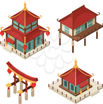 Asian buildings isometric. Chinese gate traditional japanese houses pagoda roof shintoism vector 3d architecture pictures. Illustration of pagoda, japan and chinese building
