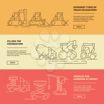 Construction machinery banners. Building industry heavy vehicle truck bulldozer lifting crane vector design template. Illustration of machine construction, working height and filling foundation