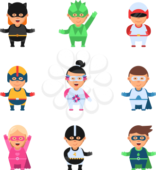 Little superheroes. Hero comic cartoon 2d figures of kids in colored mask game toy sprite vector characters isolated. Superhero mask and costume, super hero kids characters illustration