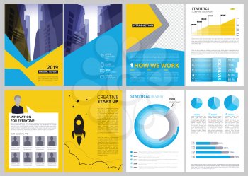 Annual report pages. Modern brochure layout with abstract shapes and place for text vector business presentation. Report brochure startup statistic, layout annual booklet infographics illustration