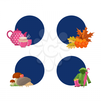 Vector cartoon autumn elements and leaves stickers with place for text set illustration isolated on white