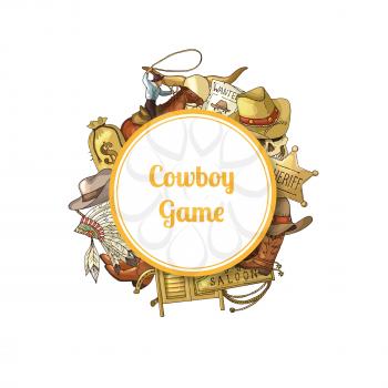 Vector hand drawn wild west cowboy elements under circle with place for text illustration