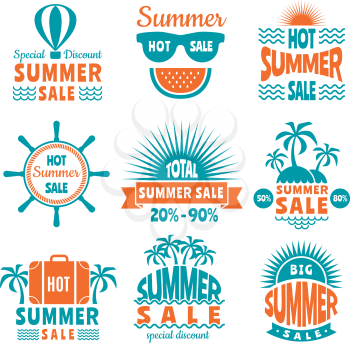 Summer sale labels. Design template of badges isolate on white. Price shop sticker, offer insignia. Vector illustration