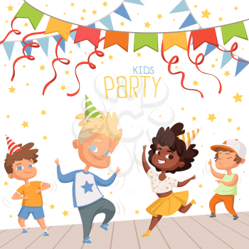 Background illustrations at childrens dance party. Template of poster for kids invitation. Birthday holiday celebration, party childhood vector