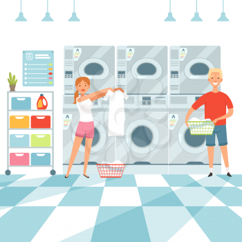 Laundry background. Woman washing clothes in the Laundry. Vector laundromat machine and basket with clothing illustration