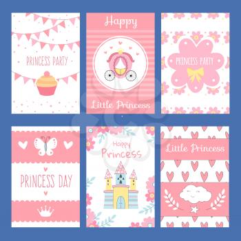 Cards with funny illustrations for kids. Little princess and fairy tale symbols. Princess card, for little girl, tale banner with castle vector