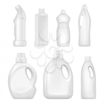 Plastic empty bottles. Sanitary containers with chemical liquids for cleaning services. Chemical sanitary and cleaner plastic bottle, container with detergent. Vector illustration