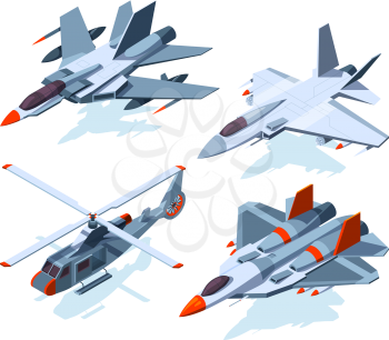 Military aircrafts isometric. 3D airplanes isolate on white. Aircraft and airplane, flight air plane, aviation transport vector illustration