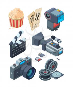 Isometric video cameras. Tools for video production. Vector clapboard and ticket illustration