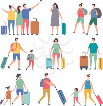 Travellers characters. Male and female characters at summer holidays. Man and woman travel, vacation holiday. Vector illustration