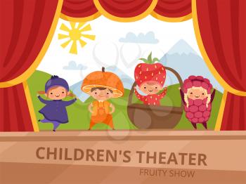 Children on stage. Kids in fruit costumes perform at school party. Fruit raspberry costume, character child. Vector illustration