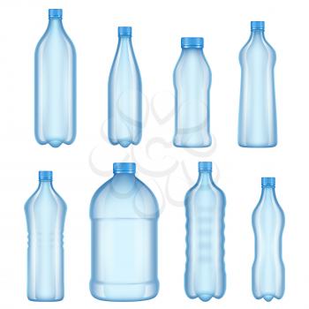 Plastic bottles for water. Realistic vector pictures of various types transparent bottles. Illustration of water bottle, plastic container transparent