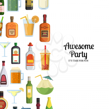 Vector background with alcoholic drinks in glasses and bottles. Illustration of beverage champagne, vodka