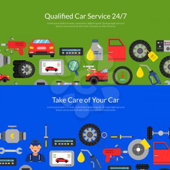 Vector horizontal web banners poster or landing page illustration with flat style color car service elements