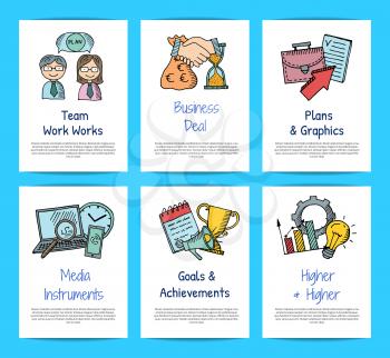 Vector business doodle icons card templates set illustration. Plan and graphic, media instrument, goal and achievement